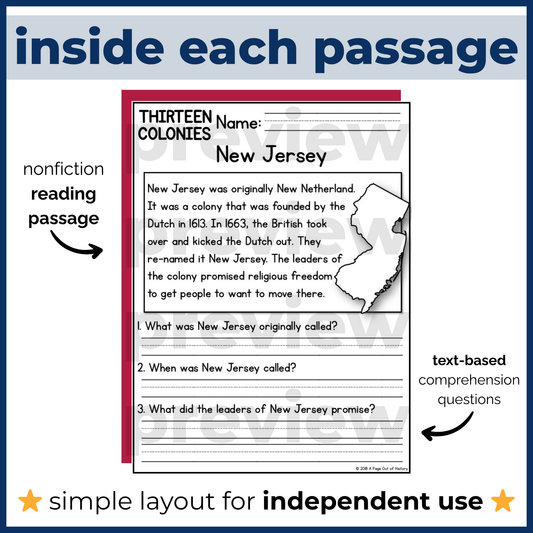 13 Colonies Reading Comprehension Passages + Questions