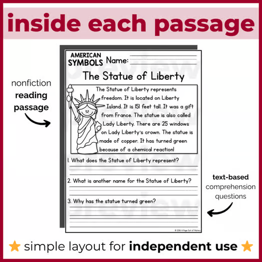 US Symbols & Landmarks Reading Comprehension Passages + Questions