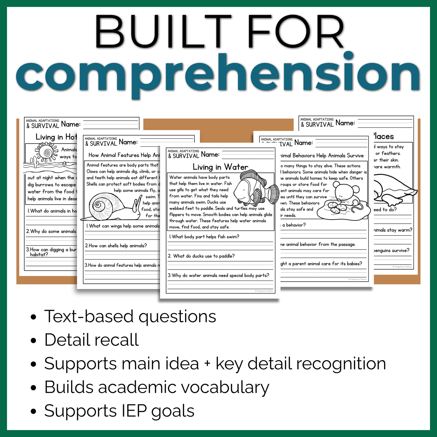 Animal Adaptations & Survival Reading Comprehension Passages + Questions