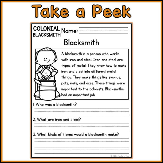 Colonial Blacksmith Reading Comprehension Passages + Questions