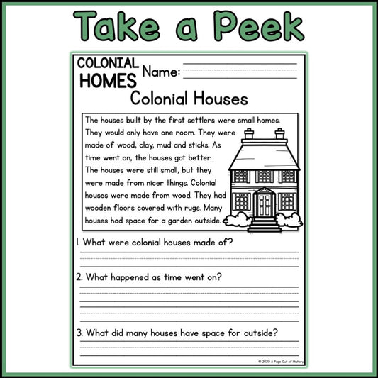 Colonial Homes Reading Comprehension Passages + Questions