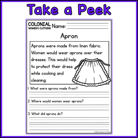 Colonial Women's Clothing Reading Comprehension Passages + Questions