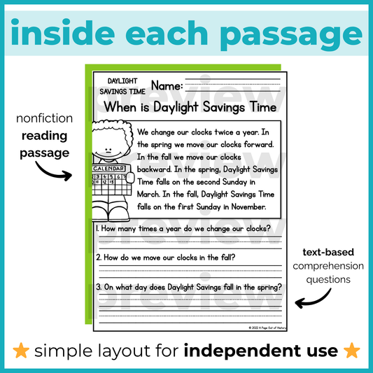 Daylight Savings Time Reading Comprehension Passages + Questions
