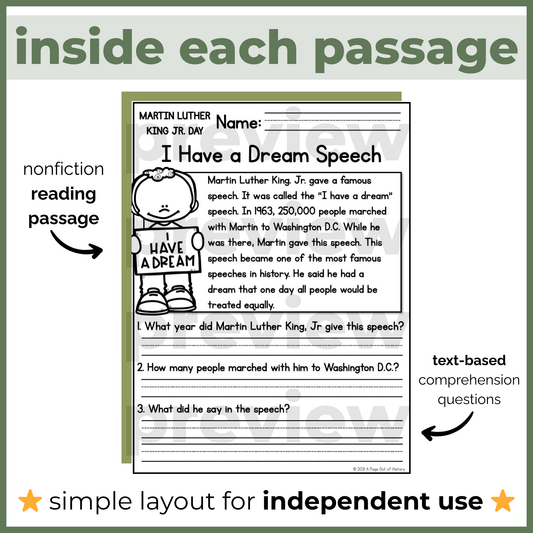 Martin Luther King Jr Reading Comprehension Passages + Questions