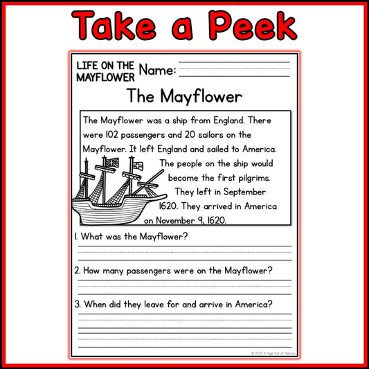 Mayflower Voyage Reading Comprehension Passages + Questions