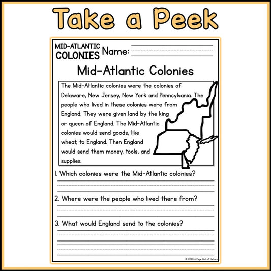 Mid Atlantic Colonies Reading Comprehension Passages + Questions