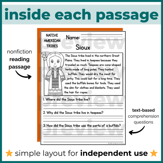Native American Indigenous Tribes Reading Comprehension Passages + Questions