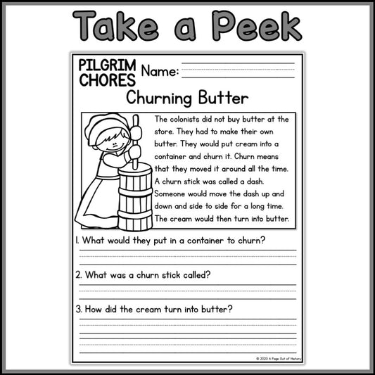 Pilgrim Now & Then Chores Reading Comprehension Passages + Questions
