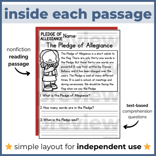 Pledge of Allegiance Reading Comprehension Passages + Questions