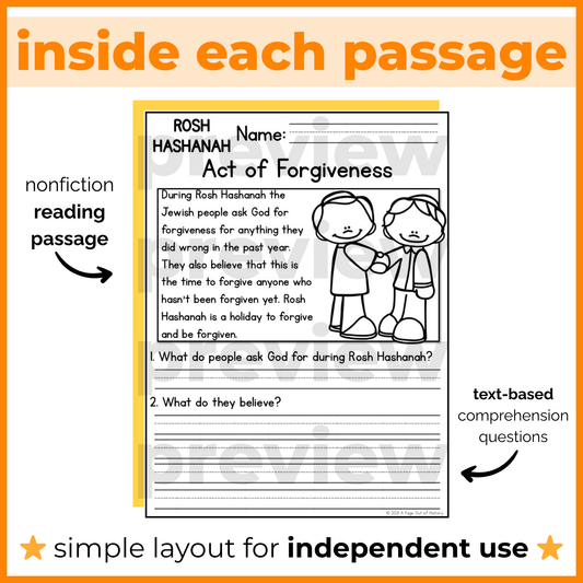 Rosh Hashanah Holiday Reading Comprehension Passages + Questions