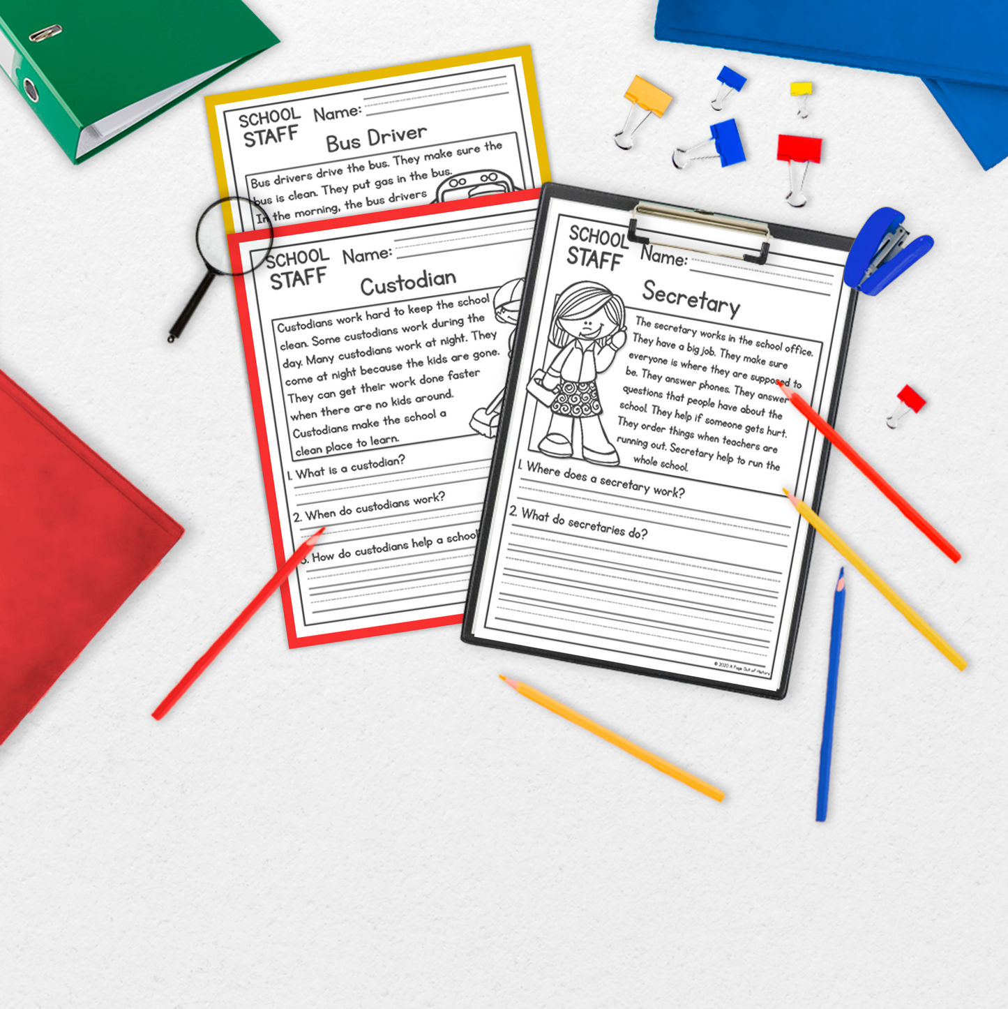 School Staff Reading Comprehension Passages + Questions