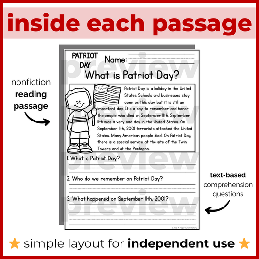 September 11th (9/11) Patriot Day Reading Comprehension + Questions
