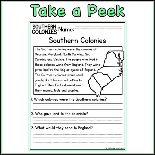 Southern Colonies Reading Comprehension Passages + Questions
