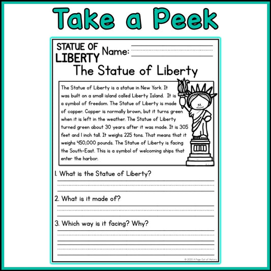 Statue of Liberty Reading Comprehension Passages + Questions