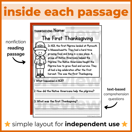 Thanksgiving Holiday Reading Comprehension Passages + Questions