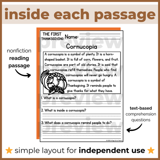 Thanksgiving History Reading Comprehension Passages + Questions