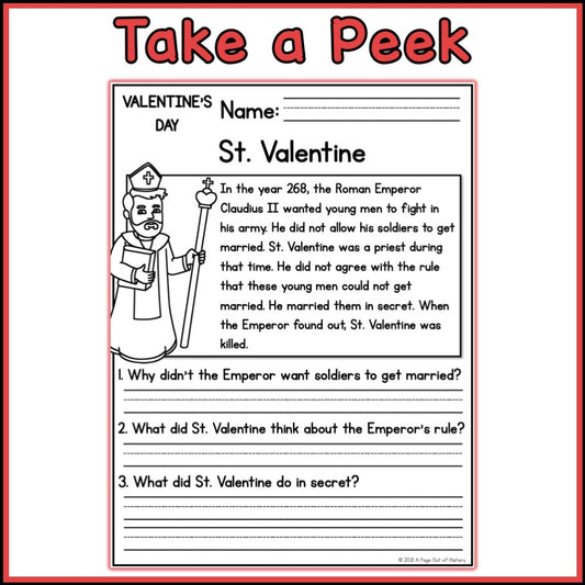 Valentines Day Holiday Reading Comprehension Passages + Questions