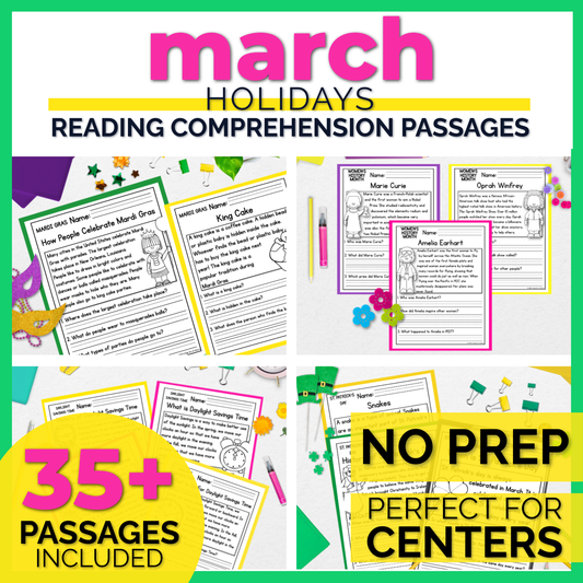 40 March Holidays Reading Comprehension Passages + Questions