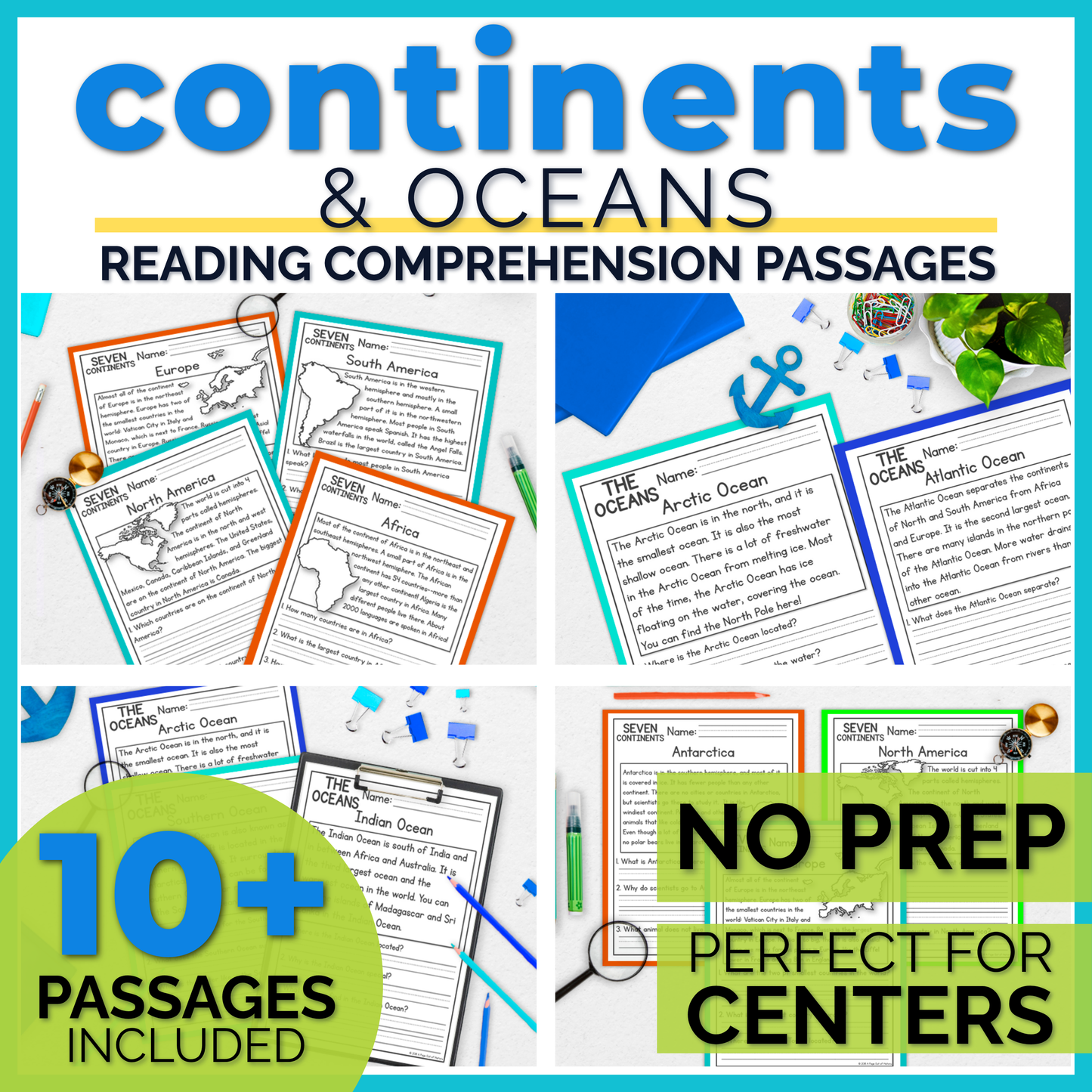 7 Continents & Oceans Reading Comprehension Passages + Questions