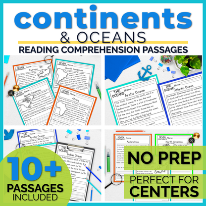 7 Continents & Oceans Reading Comprehension Passages + Questions