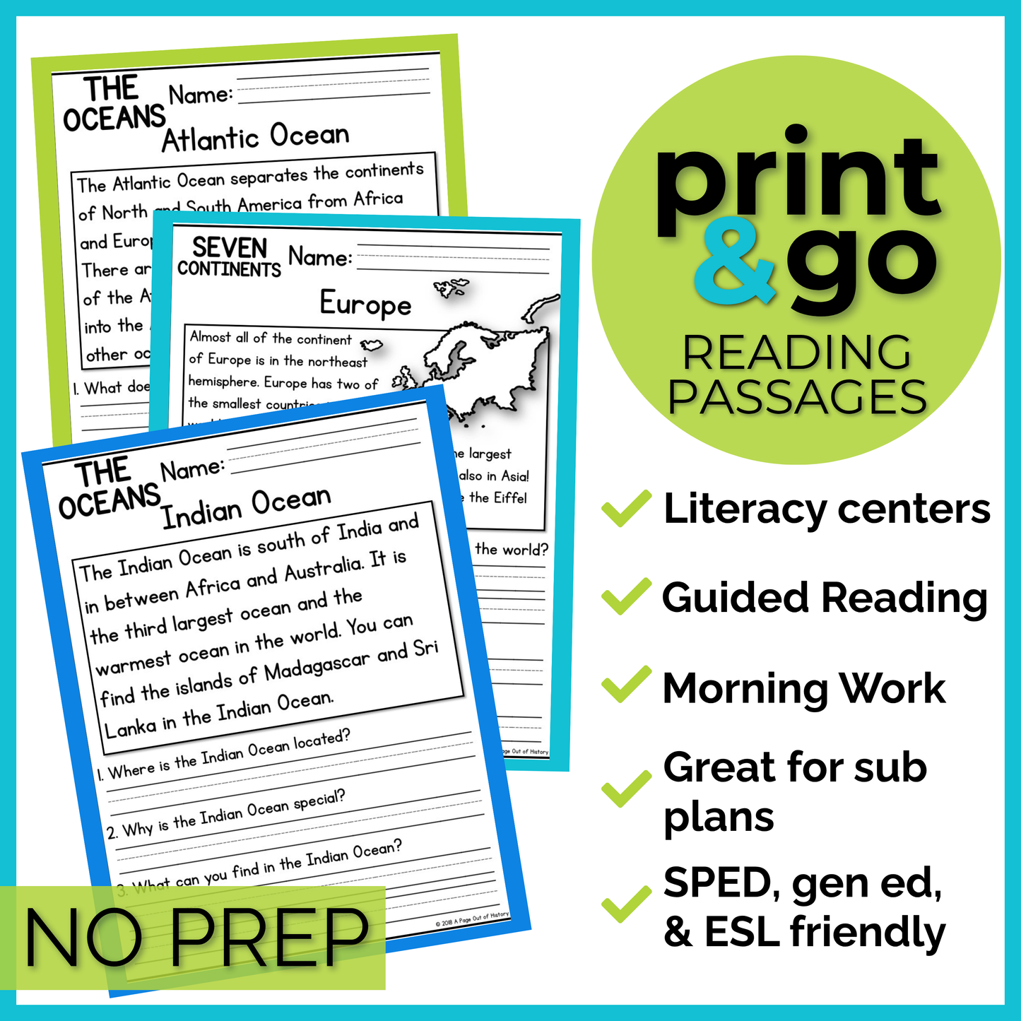 7 Continents & Oceans Reading Comprehension Passages + Questions