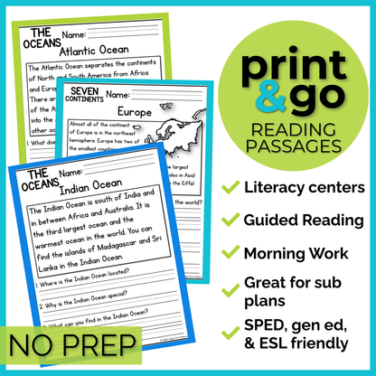 7 Continents & Oceans Reading Comprehension Passages + Questions