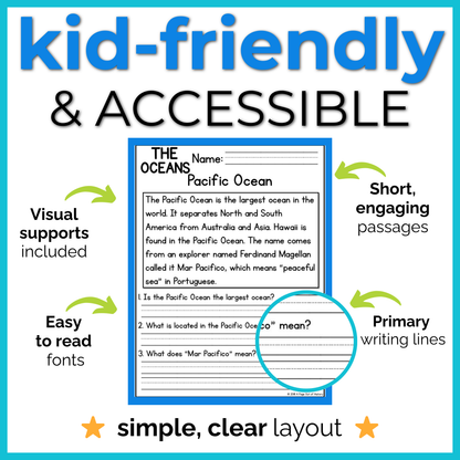7 Continents & Oceans Reading Comprehension Passages + Questions