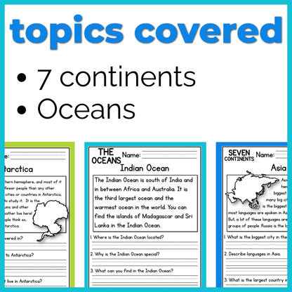 7 Continents & Oceans Reading Comprehension Passages + Questions