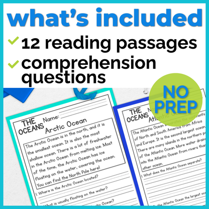 7 Continents & Oceans Reading Comprehension Passages + Questions