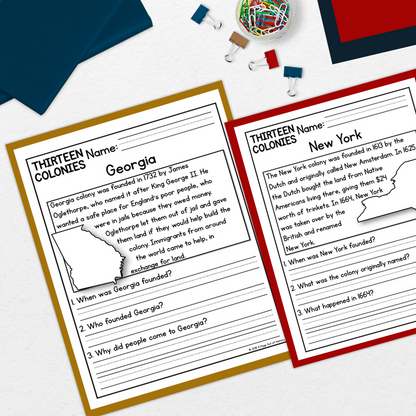 13 Colonies Reading Comprehension Passages + Questions
