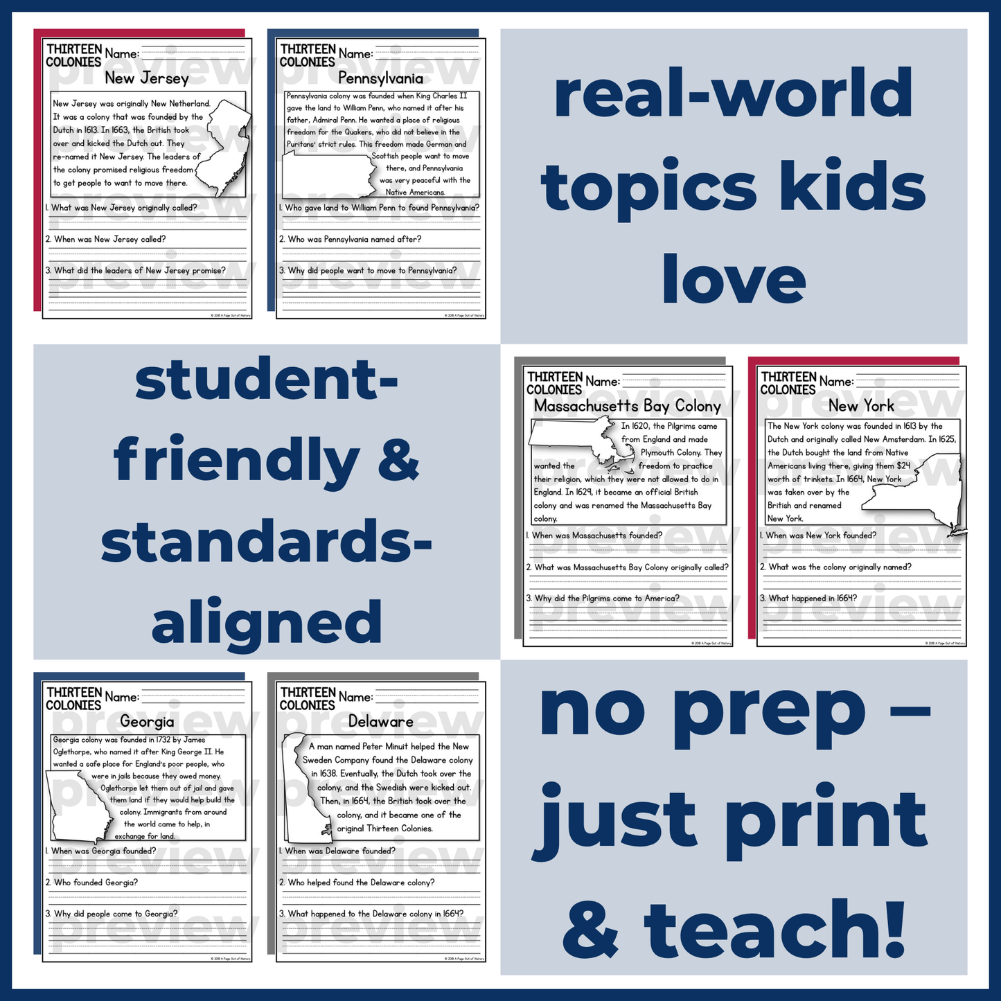 13 Colonies Reading Comprehension Passages + Questions