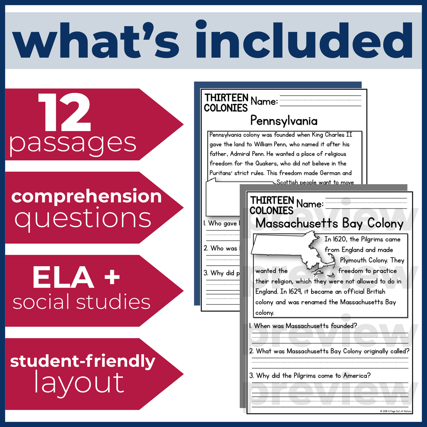 13 Colonies Reading Comprehension Passages + Questions