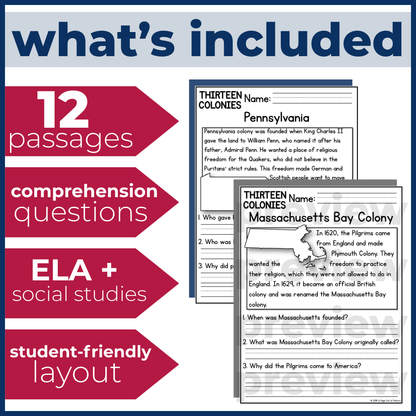 13 Colonies Reading Comprehension Passages + Questions