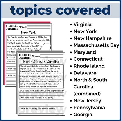 13 Colonies Reading Comprehension Passages + Questions