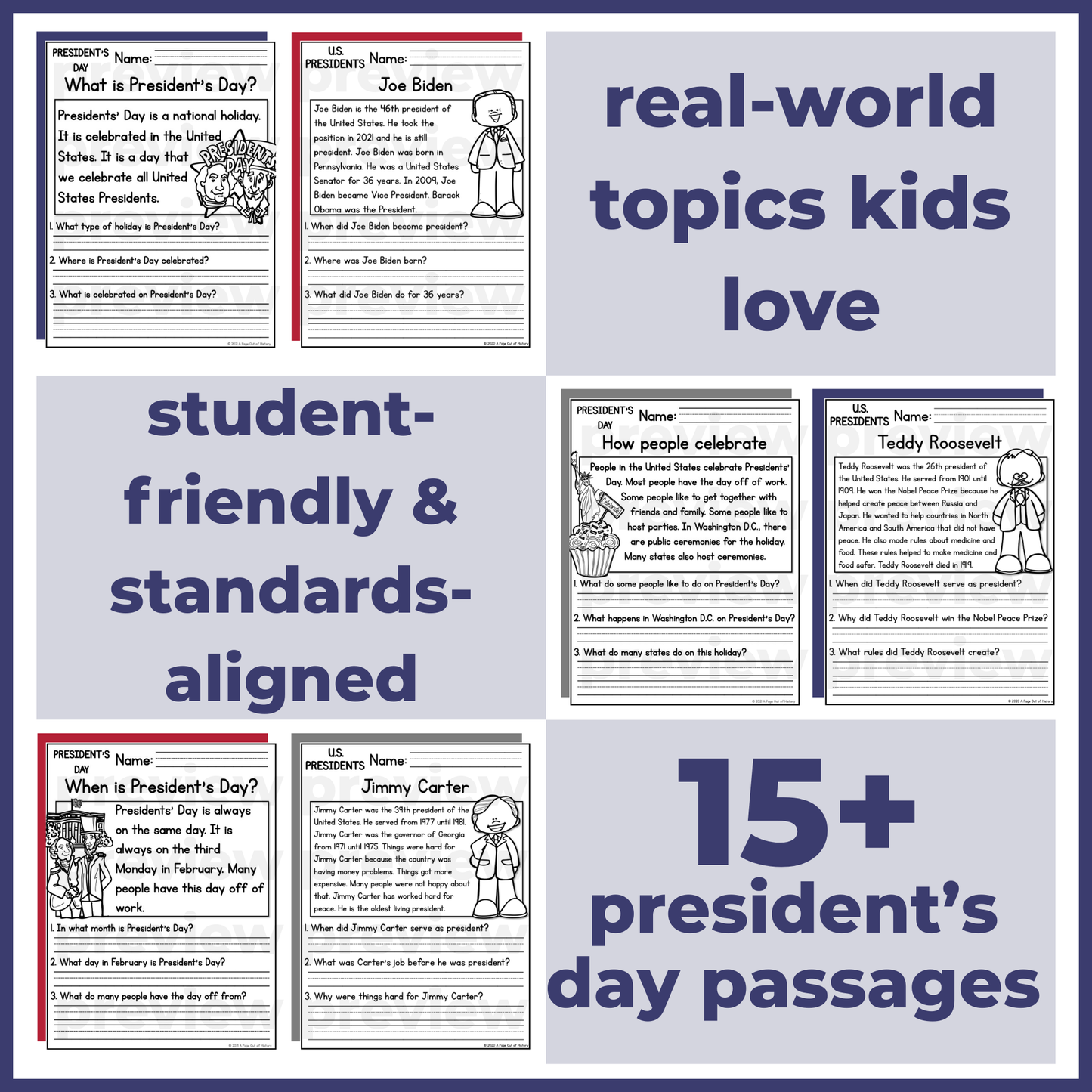 15+ President's Day Reading Comprehension Passages + Questions