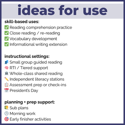 15+ President's Day Reading Comprehension Passages + Questions