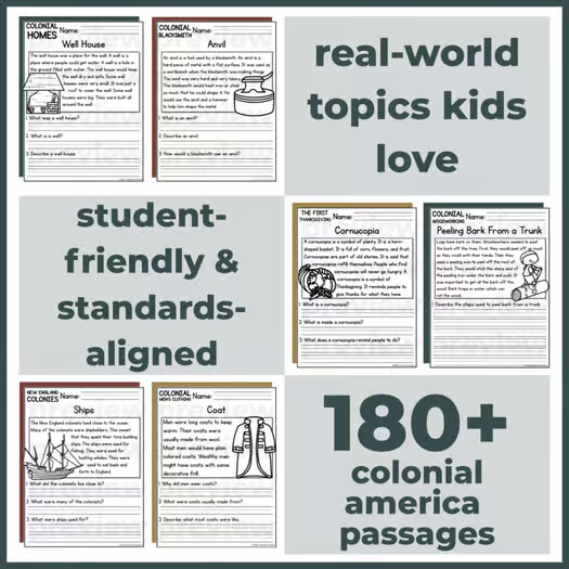 180+ Colonial America  Reading Comprehension Passages + Questions