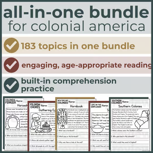 180+ Colonial America  Reading Comprehension Passages + Questions