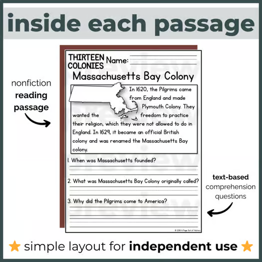 180+ Colonial America  Reading Comprehension Passages + Questions