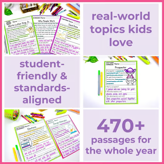 1st 2nd Grade Reading Comprehension Passages Social Studies+ Questions