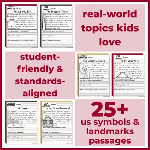 US Symbols & Landmarks Reading Comprehension Passages + Questions