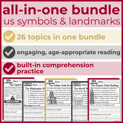US Symbols & Landmarks Reading Comprehension Passages + Questions