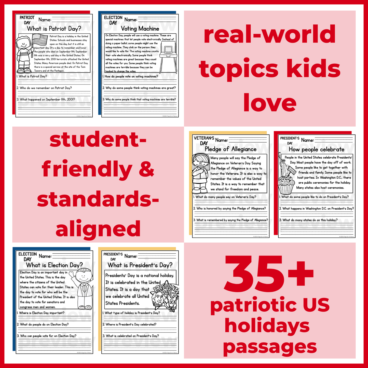 35+ Patriotic US Holidays Reading Comprehension Passages + Questions