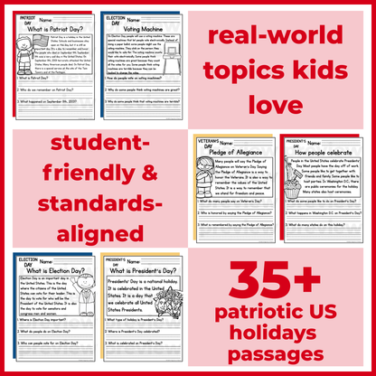 35+ Patriotic US Holidays Reading Comprehension Passages + Questions