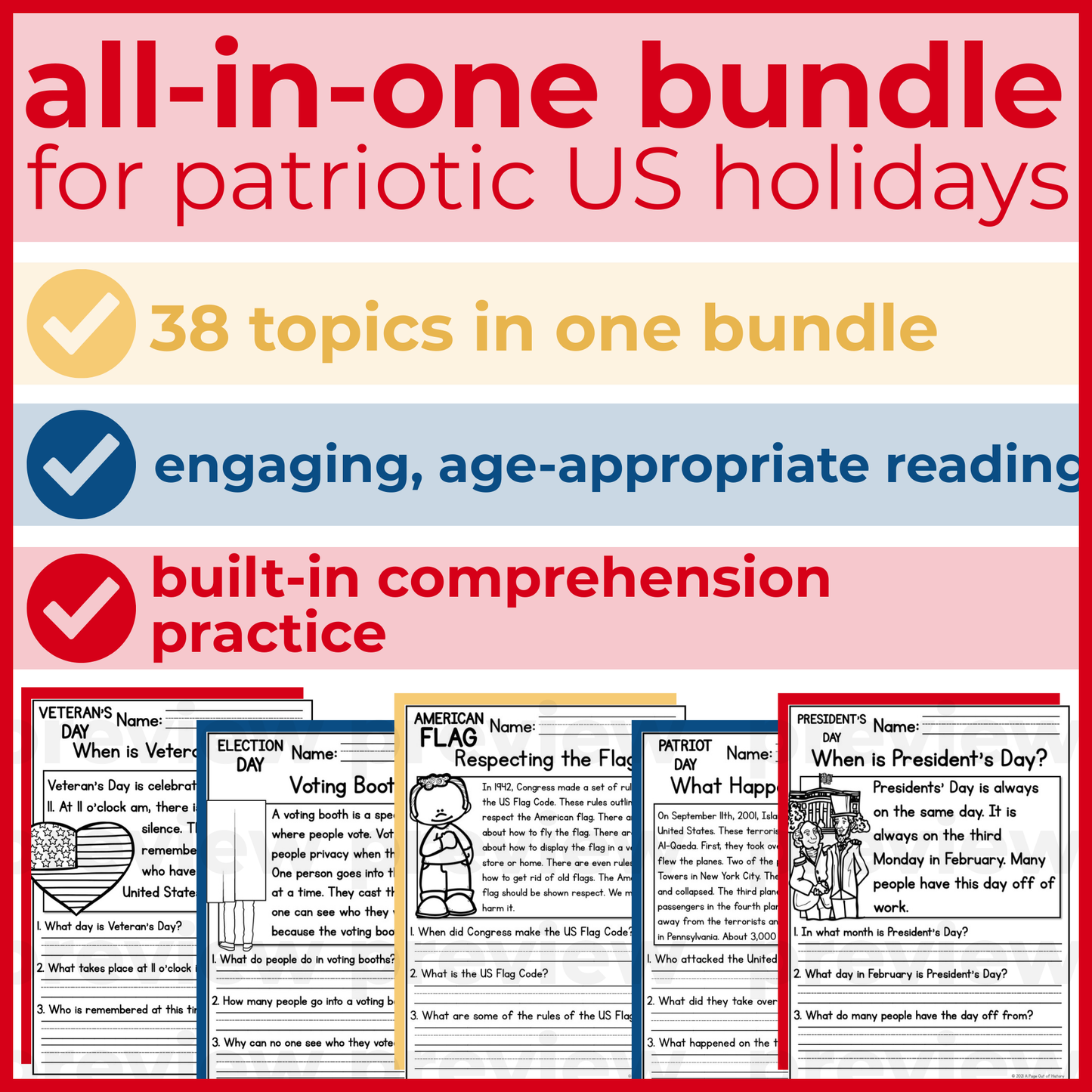 35+ Patriotic US Holidays Reading Comprehension Passages + Questions