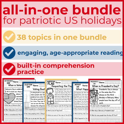 35+ Patriotic US Holidays Reading Comprehension Passages + Questions
