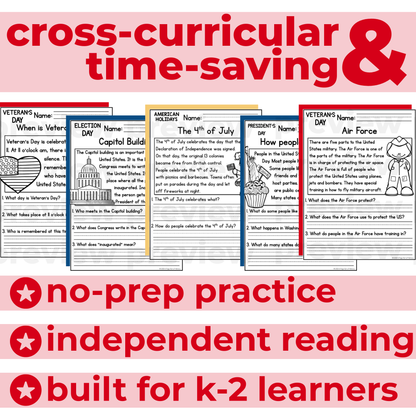35+ Patriotic US Holidays Reading Comprehension Passages + Questions