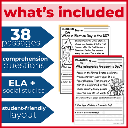 35+ Patriotic US Holidays Reading Comprehension Passages + Questions