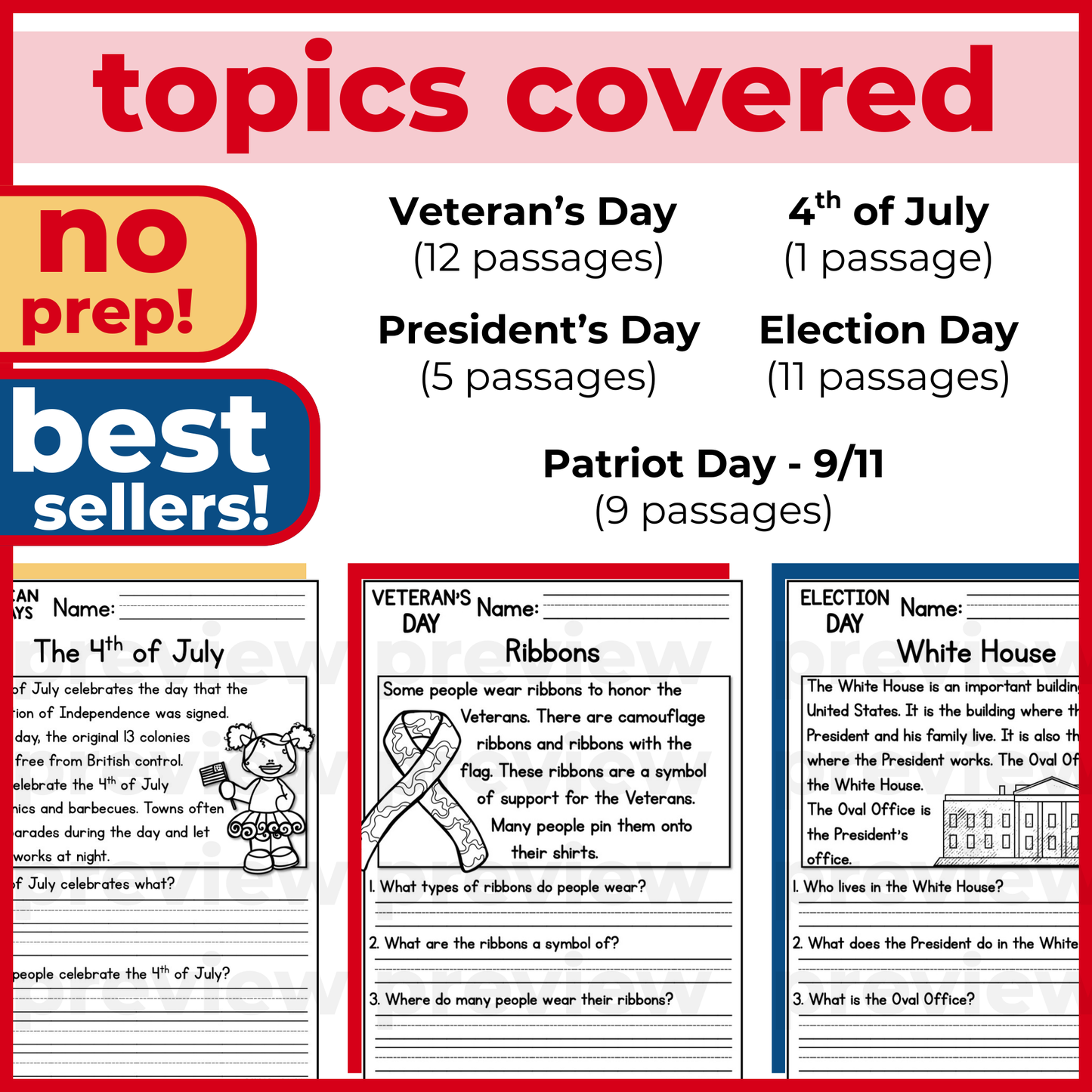 35+ Patriotic US Holidays Reading Comprehension Passages + Questions