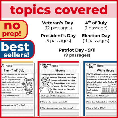 35+ Patriotic US Holidays Reading Comprehension Passages + Questions